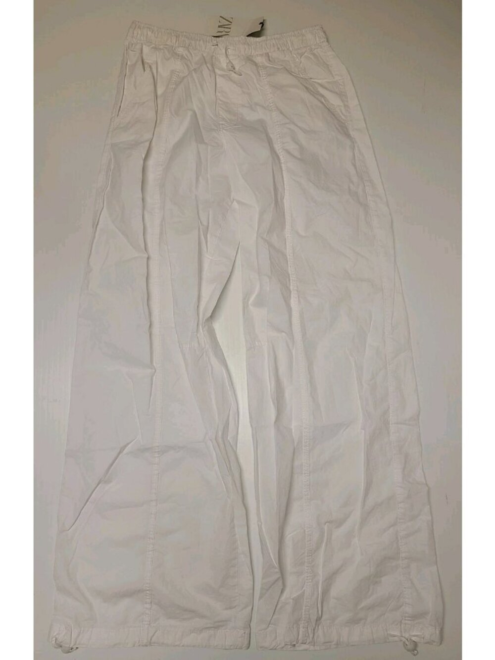 Zara Women White High Rise Cotton Pants Wide Leg Small Drawstring 5520/207 NWT